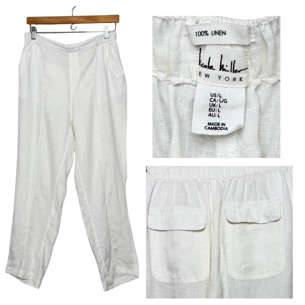 Nicole Miller 100% White Linen Pull-On Pants Women’s L Resort Summer - Picture 3 of 14